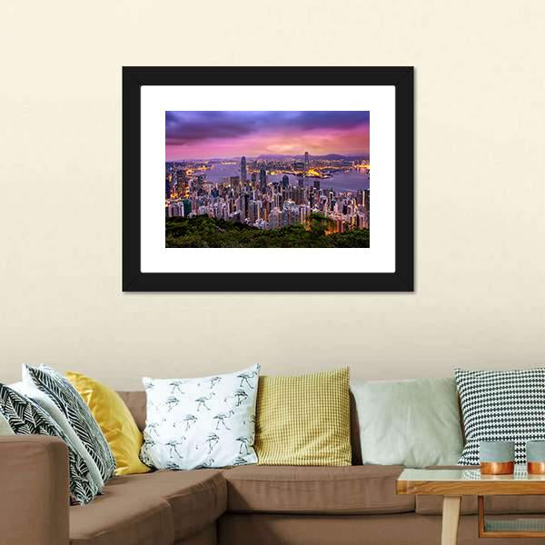 Hong Kong City At Night Canvas Wall Art-3 Horizontal-Gallery Wrap-25" x 16"-Tiaracle