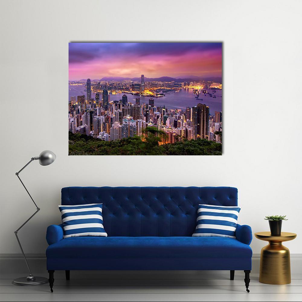 Hong Kong Skyline at Dusk Canvas Wall Art in orange, blue and purple, single panel hung on a wall