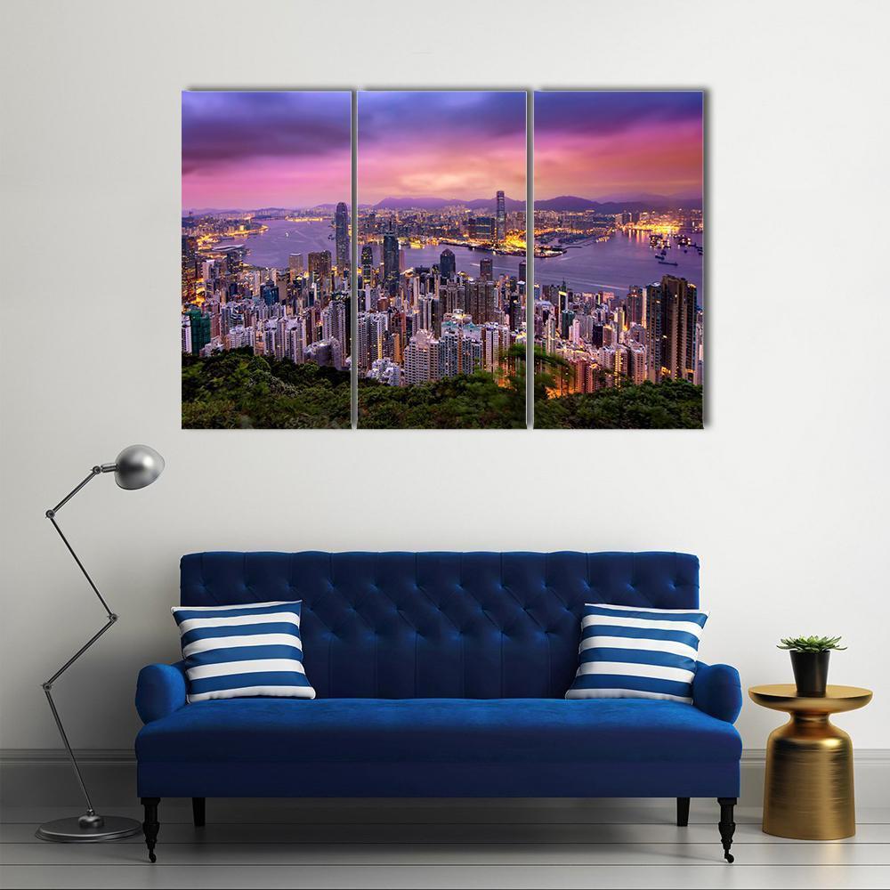 Hong Kong City At Night Canvas Wall Art-3 Horizontal-Gallery Wrap-37" x 24"-Tiaracle