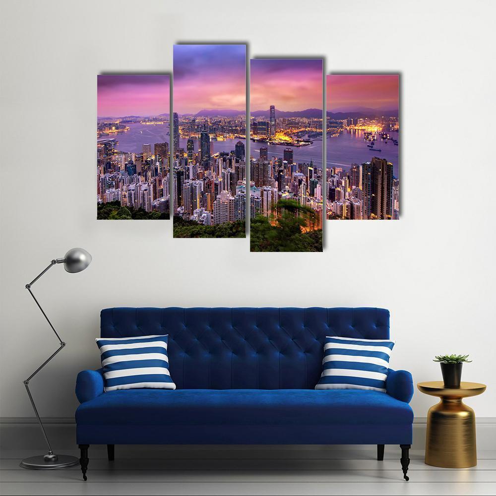 Hong Kong City At Night Canvas Wall Art-4 Pop-Gallery Wrap-50" x 32"-Tiaracle