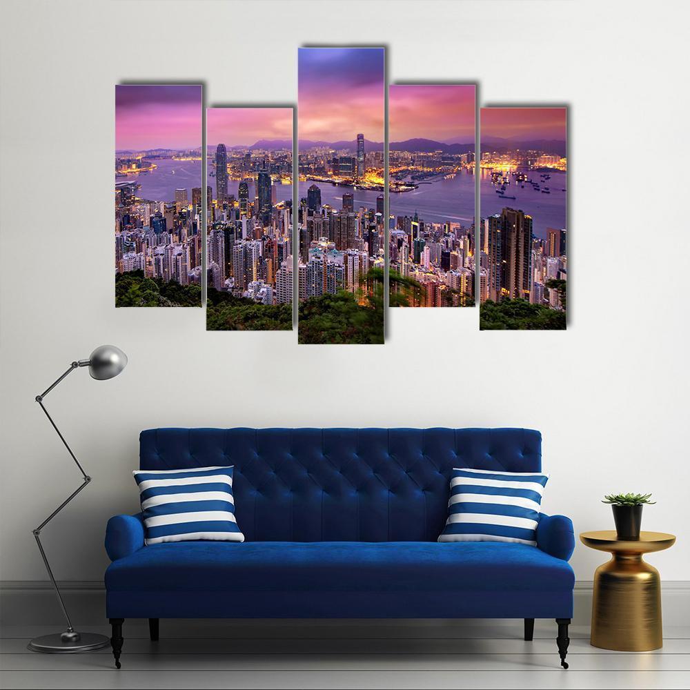 Hong Kong City At Night Canvas Wall Art-5 Pop-Gallery Wrap-47" x 32"-Tiaracle