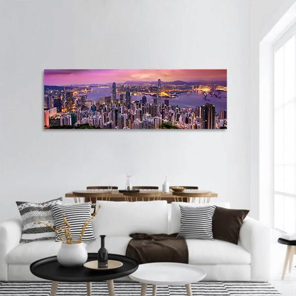 Hong Kong City At Night Panoramic Canvas Wall Art-1 Piece-36" x 12"-Tiaracle