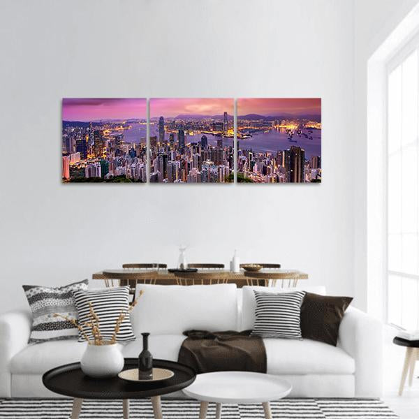 Hong Kong City At Night Panoramic Canvas Wall Art-3 Piece-25" x 08"-Tiaracle