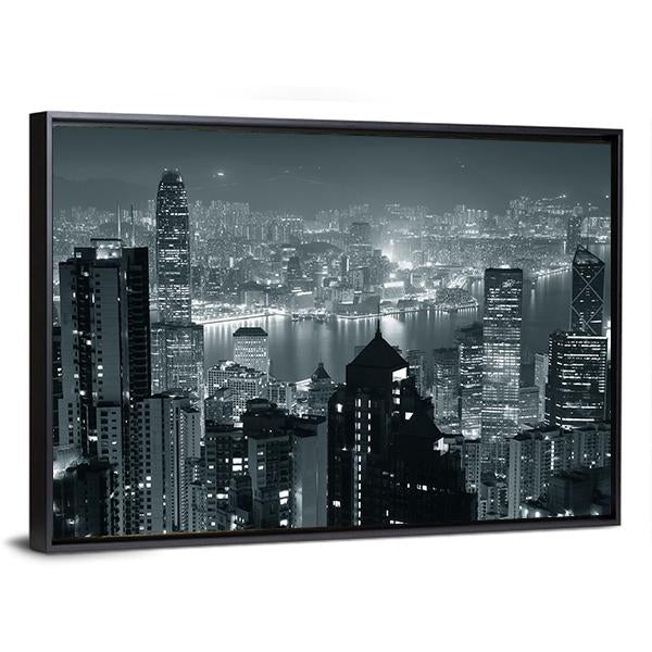 Hong Kong City Skyline At Night Canvas Wall Art-3 Horizontal-Gallery Wrap-25" x 16"-Tiaracle