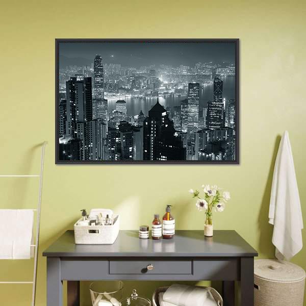 Hong Kong City Skyline At Night Canvas Wall Art-1 Piece-Floating Frame-24" x 16"-Tiaracle
