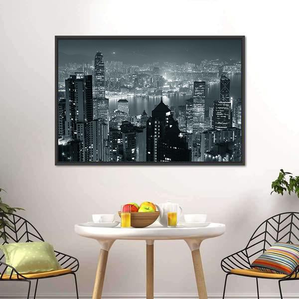 Hong Kong City Skyline At Night Canvas Wall Art-3 Horizontal-Gallery Wrap-25" x 16"-Tiaracle