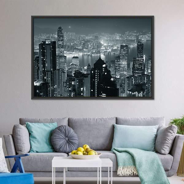 Hong Kong City Skyline At Night Canvas Wall Art-3 Horizontal-Gallery Wrap-25" x 16"-Tiaracle