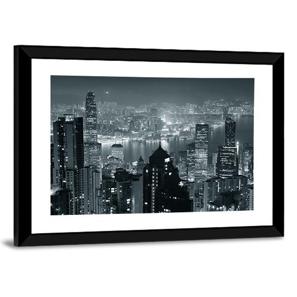 Hong Kong City Skyline At Night Canvas Wall Art-3 Horizontal-Gallery Wrap-25" x 16"-Tiaracle