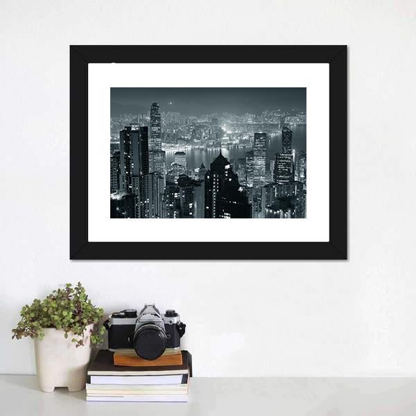 Hong Kong City Skyline At Night Canvas Wall Art-1 Piece-Framed Print-20" x 16"-Tiaracle