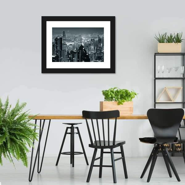 Hong Kong City Skyline At Night Canvas Wall Art-3 Horizontal-Gallery Wrap-25" x 16"-Tiaracle