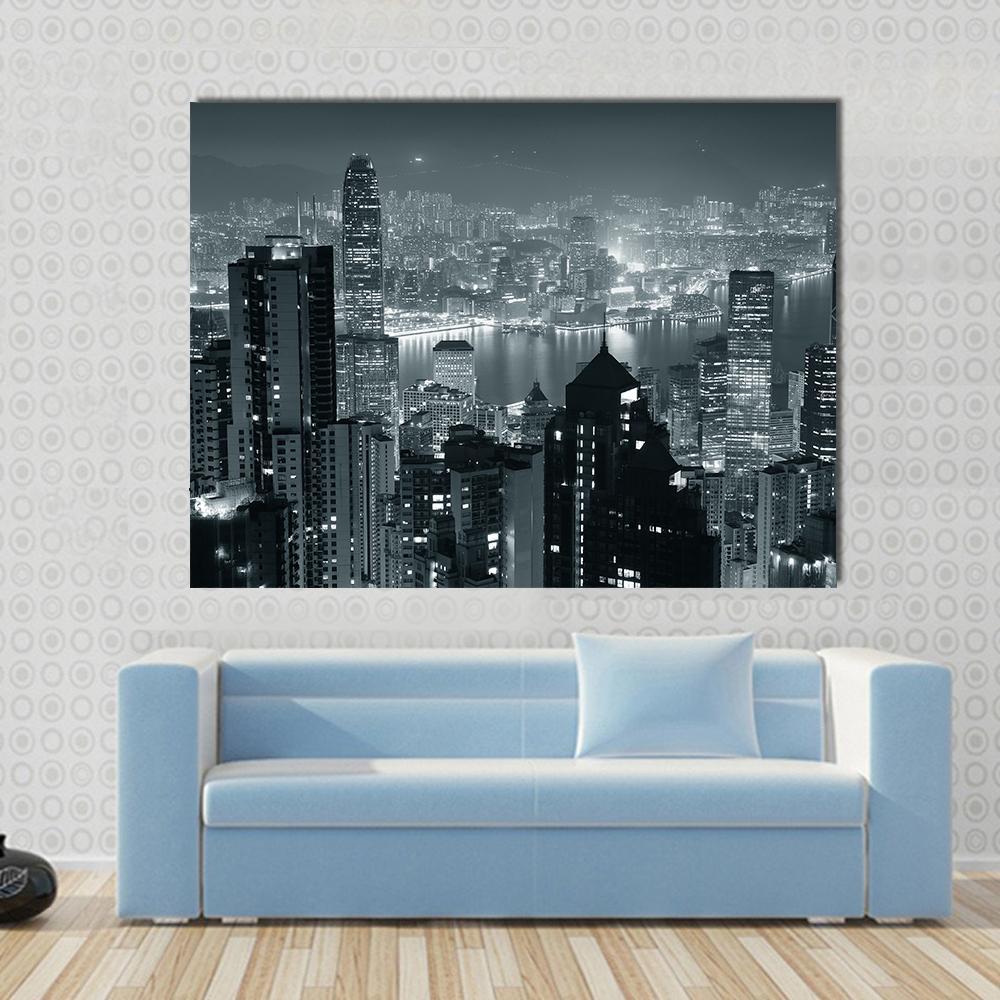 Hong Kong City Skyline at Night Canvas Wall Art in black, white and gray, single panel hung on a wall