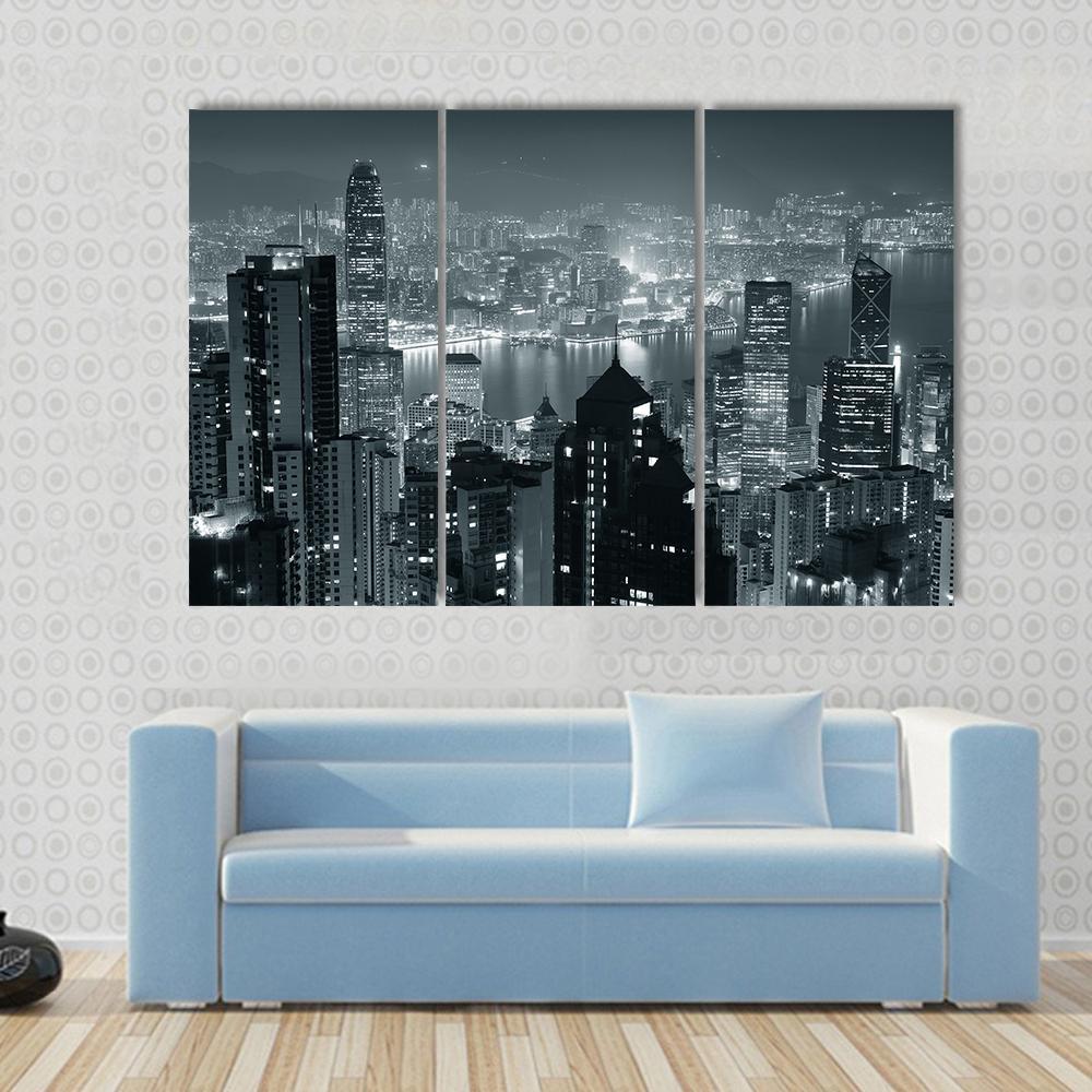 Hong Kong City Skyline At Night Canvas Wall Art-3 Horizontal-Gallery Wrap-37" x 24"-Tiaracle