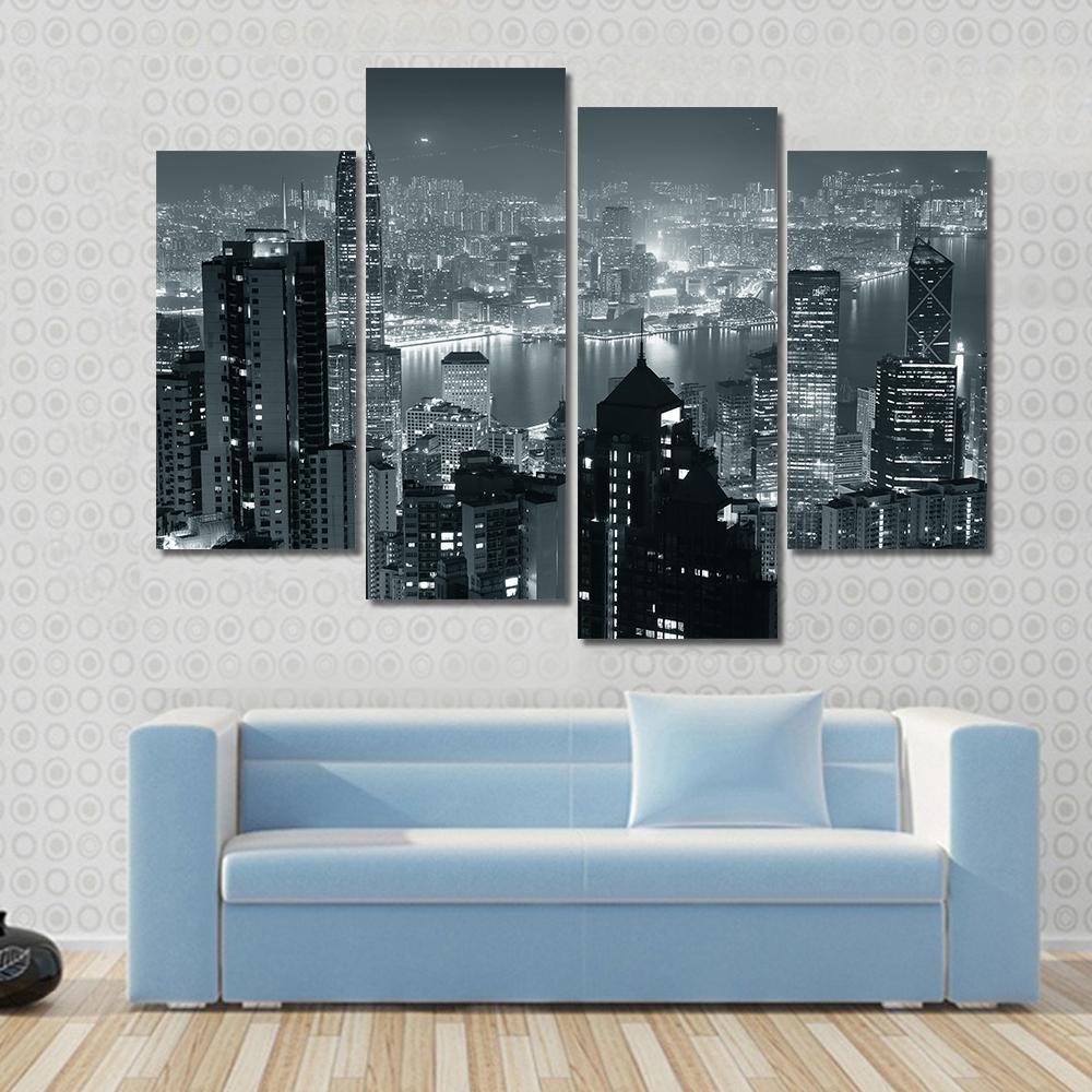 Hong Kong City Skyline At Night Canvas Wall Art-4 Pop-Gallery Wrap-50" x 32"-Tiaracle