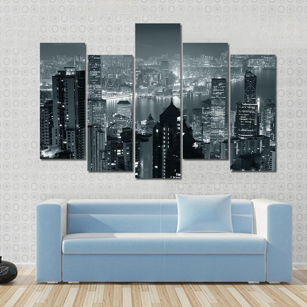 Hong Kong City Skyline At Night Canvas Wall Art-5 Pop-Gallery Wrap-47" x 32"-Tiaracle