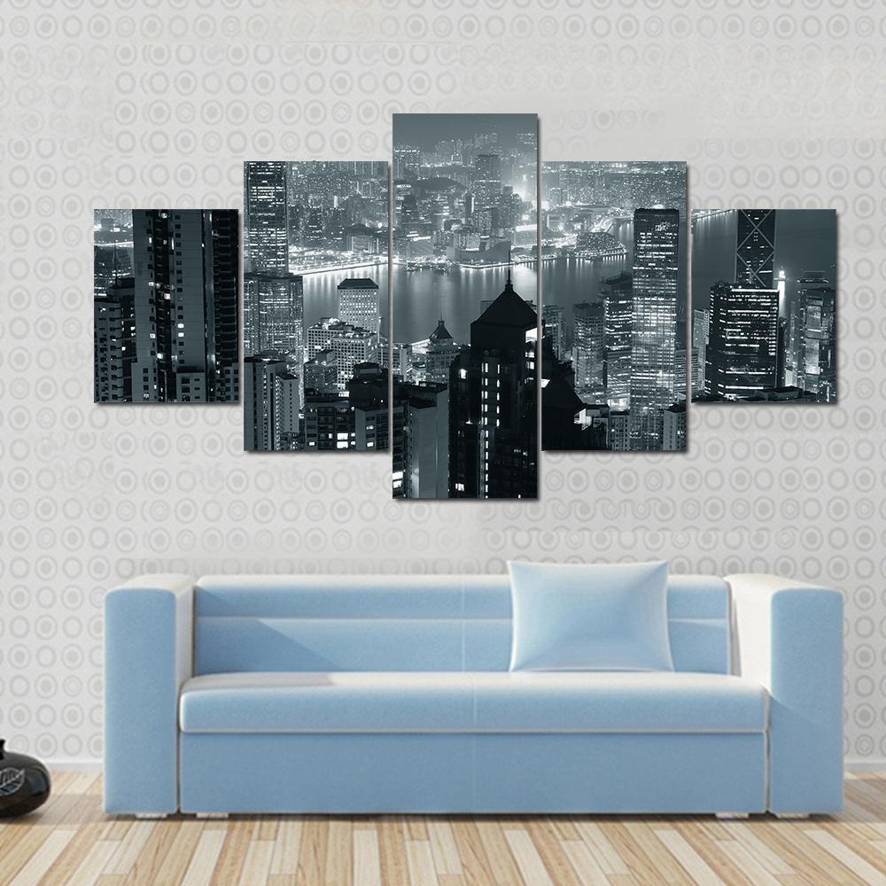 Hong Kong City Skyline At Night Canvas Wall Art-5 Star-Gallery Wrap-62" x 32"-Tiaracle