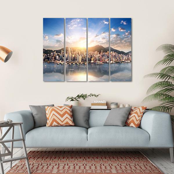 Hong Kong City Skyline Canvas Wall Art-4 Horizontal-Gallery Wrap-34" x 24"-Tiaracle