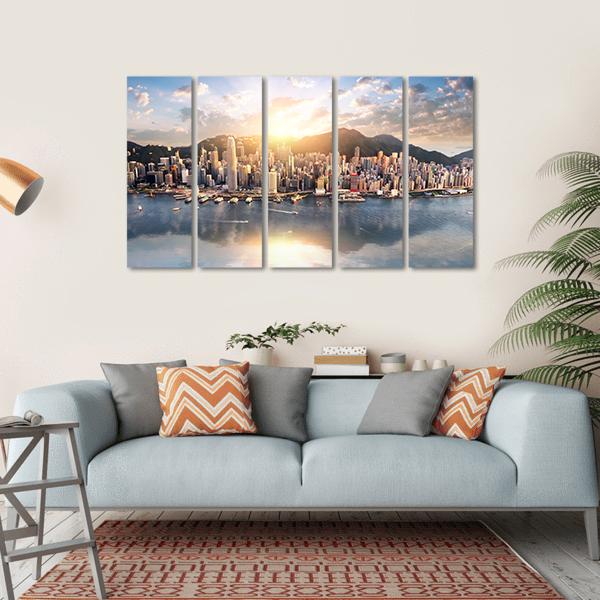 Hong Kong City Skyline Canvas Wall Art-5 Horizontal-Gallery Wrap-22" x 12"-Tiaracle