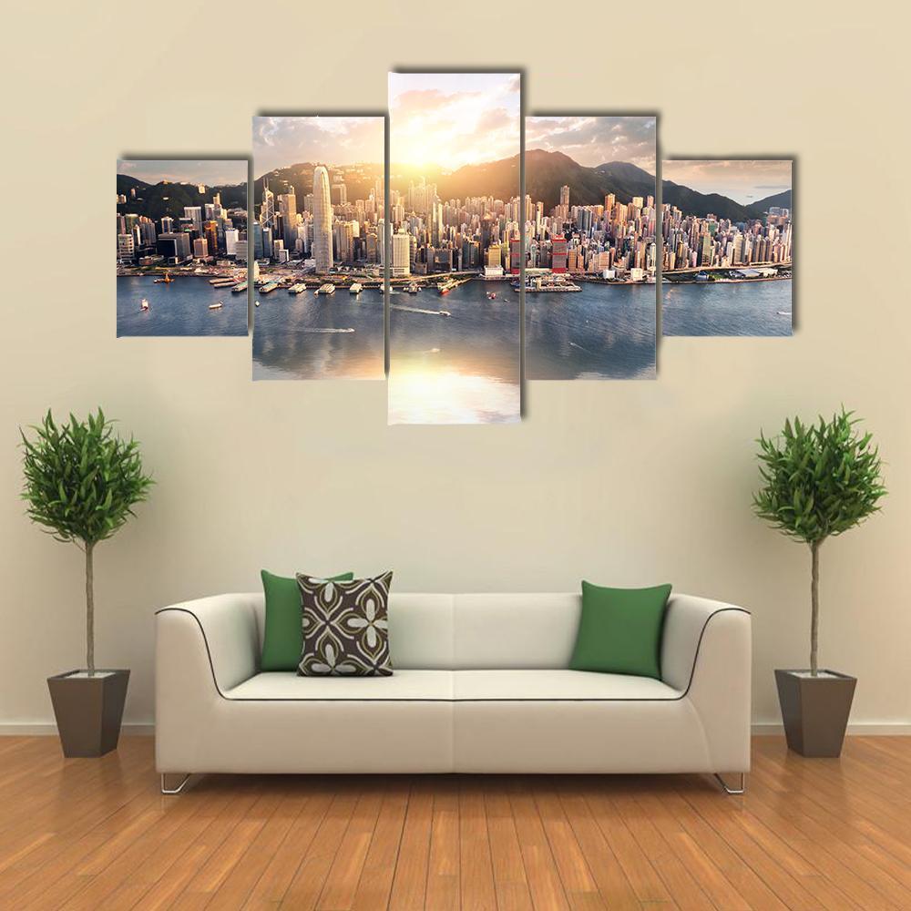 Hong Kong City Skyline Canvas Wall Art-5 Star-Gallery Wrap-62" x 32"-Tiaracle