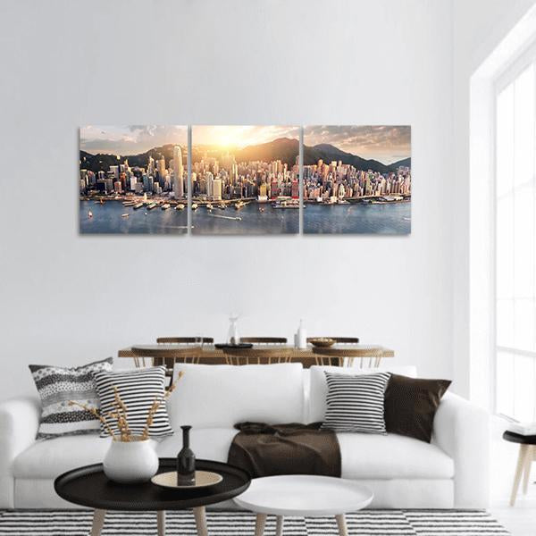 Hong Kong City Skyline Panoramic Canvas Wall Art-3 Piece-25" x 08"-Tiaracle