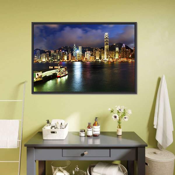 Hong Kong Harbor At Night Canvas Wall Art-1 Piece-Floating Frame-24" x 16"-Tiaracle