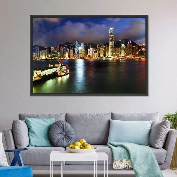Hong Kong Harbor At Night Canvas Wall Art-3 Horizontal-Gallery Wrap-25" x 16"-Tiaracle