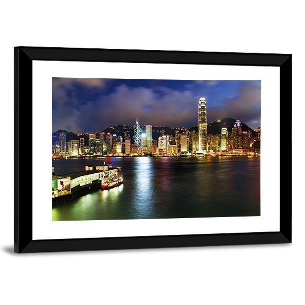 Hong Kong Harbor At Night Canvas Wall Art-3 Horizontal-Gallery Wrap-25" x 16"-Tiaracle