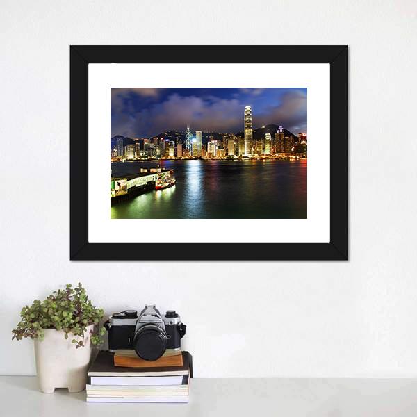 Hong Kong Harbor At Night Canvas Wall Art-1 Piece-Framed Print-20" x 16"-Tiaracle