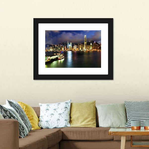 Hong Kong Harbor At Night Canvas Wall Art-3 Horizontal-Gallery Wrap-25" x 16"-Tiaracle
