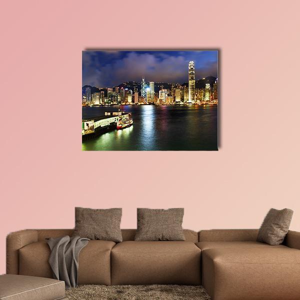 Hong Kong Harbor At Night Canvas Wall Art-1 Piece-Gallery Wrap-48" x 32"-Tiaracle