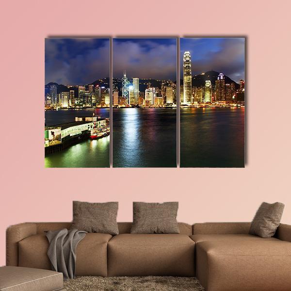 Hong Kong Harbor At Night Canvas Wall Art-3 Horizontal-Gallery Wrap-37" x 24"-Tiaracle