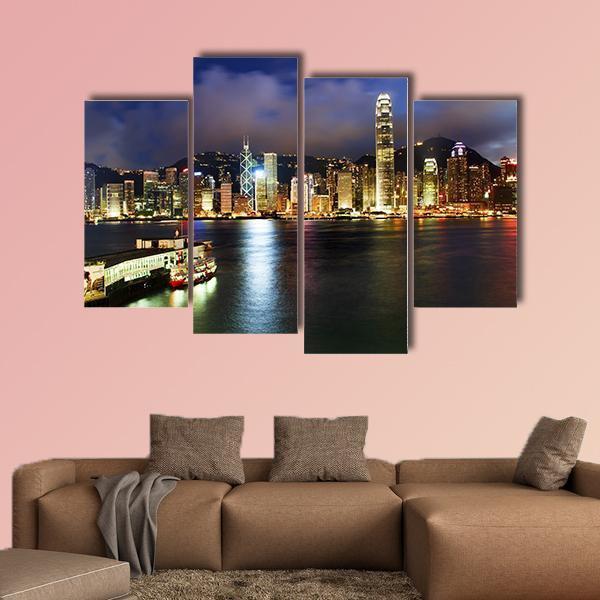 Hong Kong Harbor At Night Canvas Wall Art-4 Pop-Gallery Wrap-50" x 32"-Tiaracle