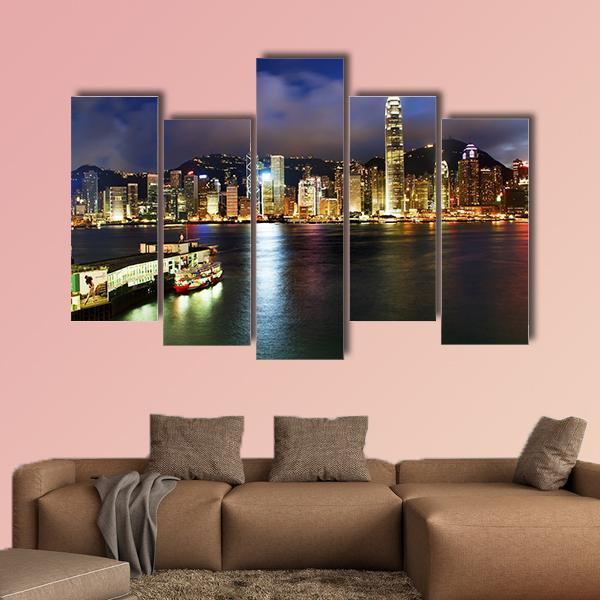 Hong Kong Harbor At Night Canvas Wall Art-5 Pop-Gallery Wrap-47" x 32"-Tiaracle