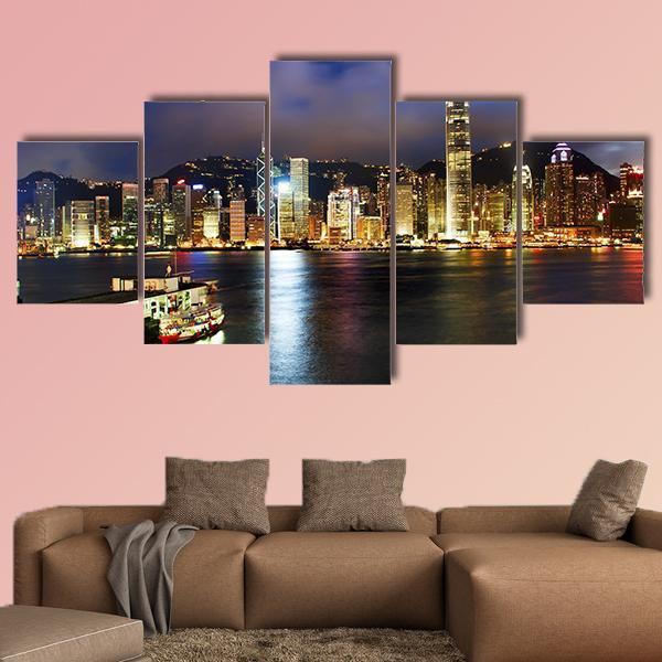 Hong Kong Harbor At Night Canvas Wall Art-5 Star-Gallery Wrap-62" x 32"-Tiaracle