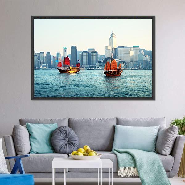 Hong Kong Harbor Canvas Wall Art-5 Horizontal-Gallery Wrap-22" x 12"-Tiaracle