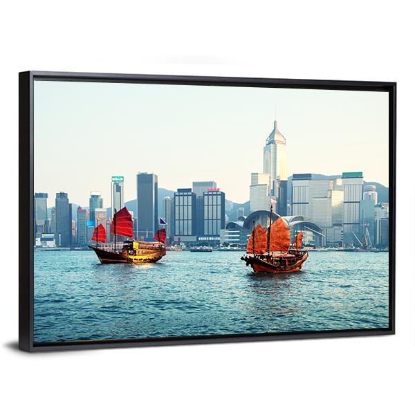 Hong Kong Harbor Canvas Wall Art-5 Horizontal-Gallery Wrap-22" x 12"-Tiaracle