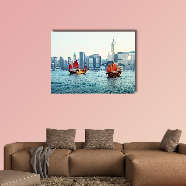 Hong Kong Harbor with Two Junks Canvas Wall Art in gray, red and blue, single panel hung on a wall