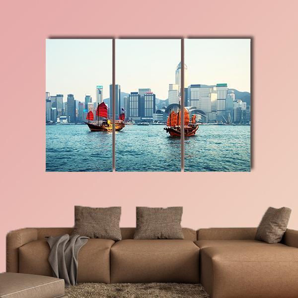 Hong Kong Harbour View Canvas Wall Art-3 Horizontal-Gallery Wrap-37" x 24"-Tiaracle