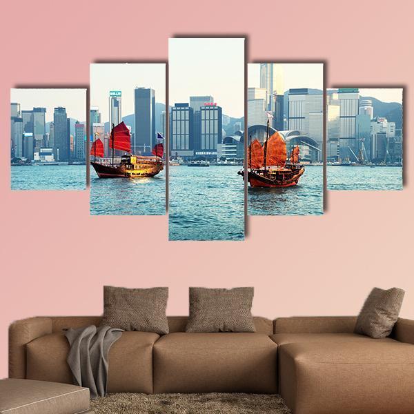 Hong Kong Harbour View Canvas Wall Art-5 Star-Gallery Wrap-62" x 32"-Tiaracle
