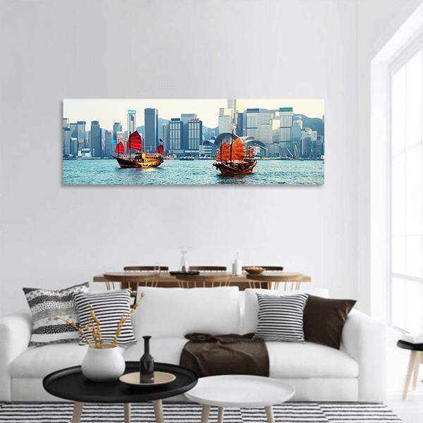 Hong Kong Harbour View Panoramic Canvas Wall Art-3 Piece-25" x 08"-Tiaracle