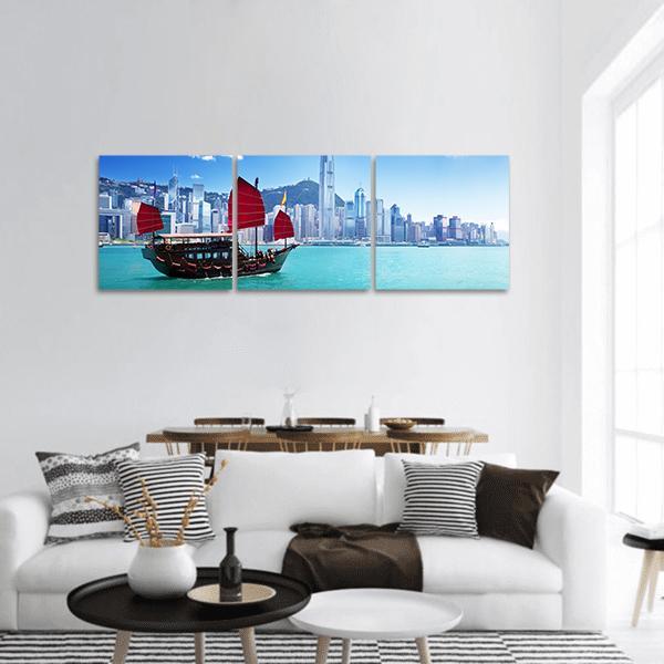 Hong Kong Harbour Panoramic Canvas Wall Art-3 Piece-25" x 08"-Tiaracle