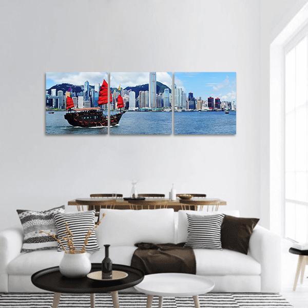 Sailing Boat In Hong Kong Harbour Panoramic Canvas Wall Art-3 Piece-25" x 08"-Tiaracle