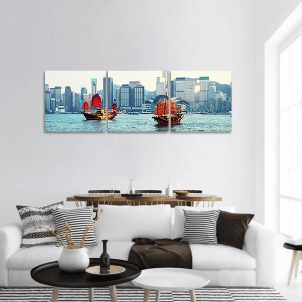 Hong Kong Harbour View Panoramic Canvas Wall Art-3 Piece-25" x 08"-Tiaracle