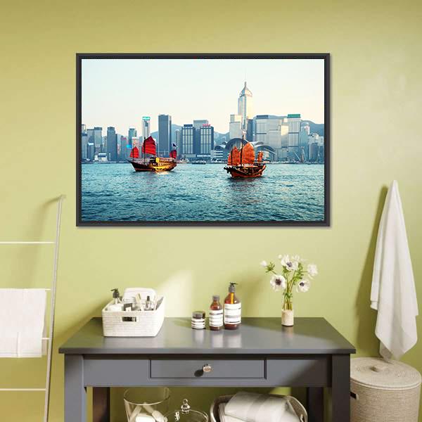 Hong Kong Harbor with Two Junks Canvas Wall Art in gray, red and blue, framed canvas, product view on a white background