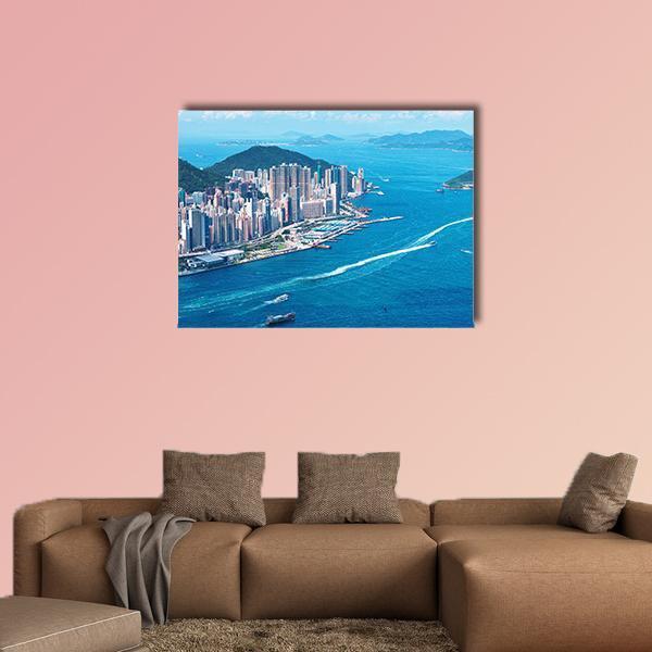 Hong Kong Island Skyline Canvas Wall Art in white, green and blue, single panel hung on a wall