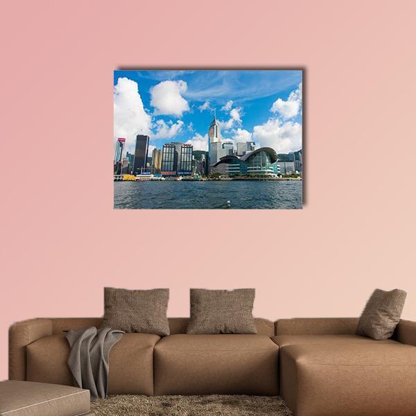Hong Kong Skyline Canvas Wall Art in white, gray and blue, single panel hung on a wall