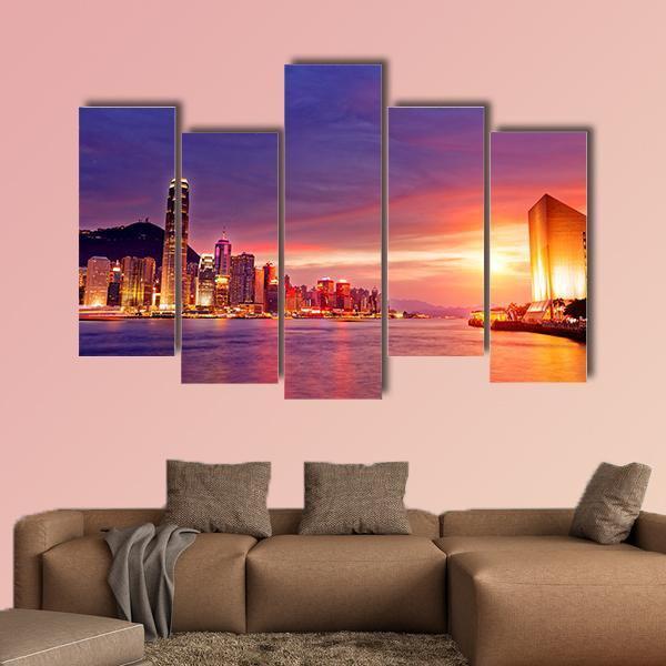 Hong Kong Cityscape At Sunset Canvas Wall Art-5 Pop-Gallery Wrap-47" x 32"-Tiaracle