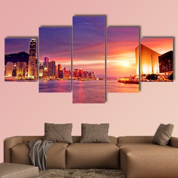 Hong Kong Cityscape At Sunset Canvas Wall Art-5 Star-Gallery Wrap-62" x 32"-Tiaracle