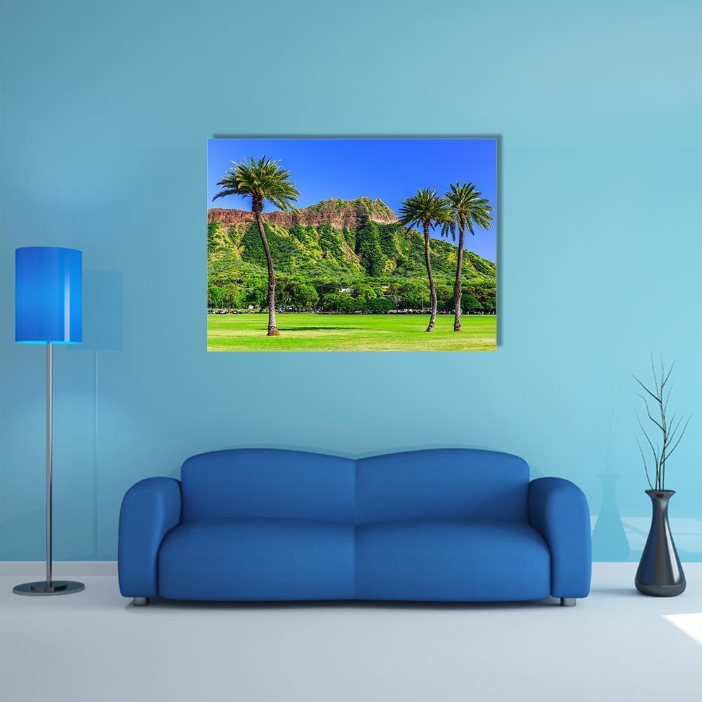 Diamond Head, Honolulu with Palm Trees Canvas Wall Art in brown, green and blue, single panel hung on a wall