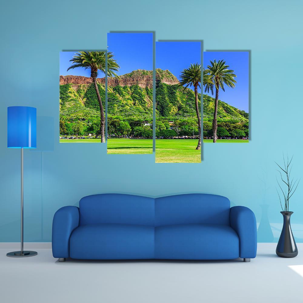 Honolulu Diamond Head Crater And Palm Trees Canvas Wall Art-4 Pop-Gallery Wrap-50" x 32"-Tiaracle