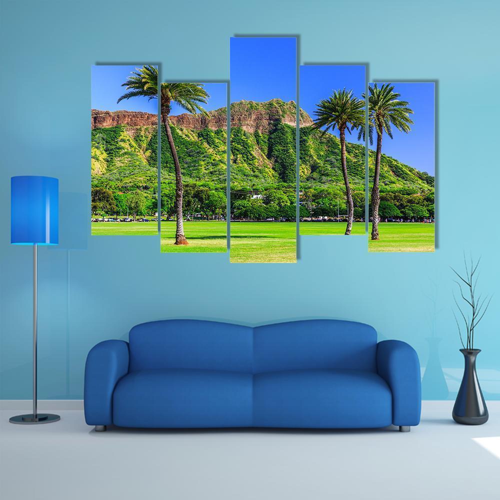 Honolulu Diamond Head Crater And Palm Trees Canvas Wall Art-5 Pop-Gallery Wrap-47" x 32"-Tiaracle